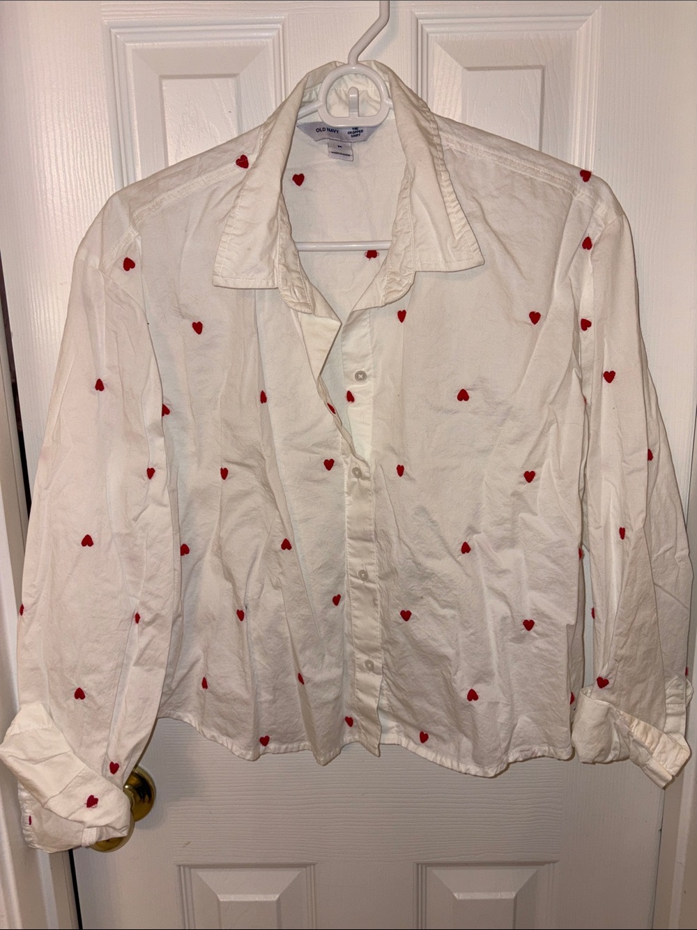 Old Navy Cream Cropped Shirt with Small Red Heart Detail